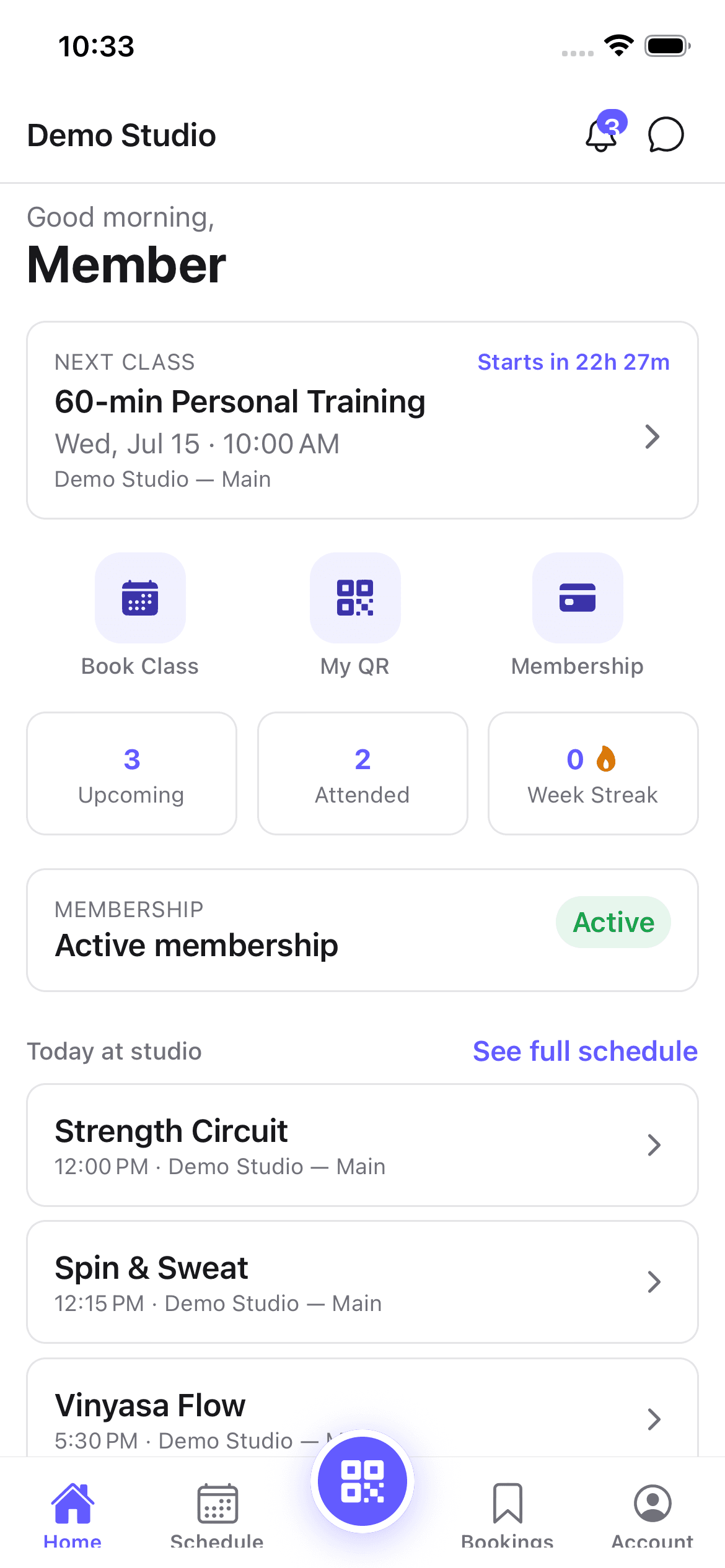 ClassLift member mobile app showing the class schedule and check-in