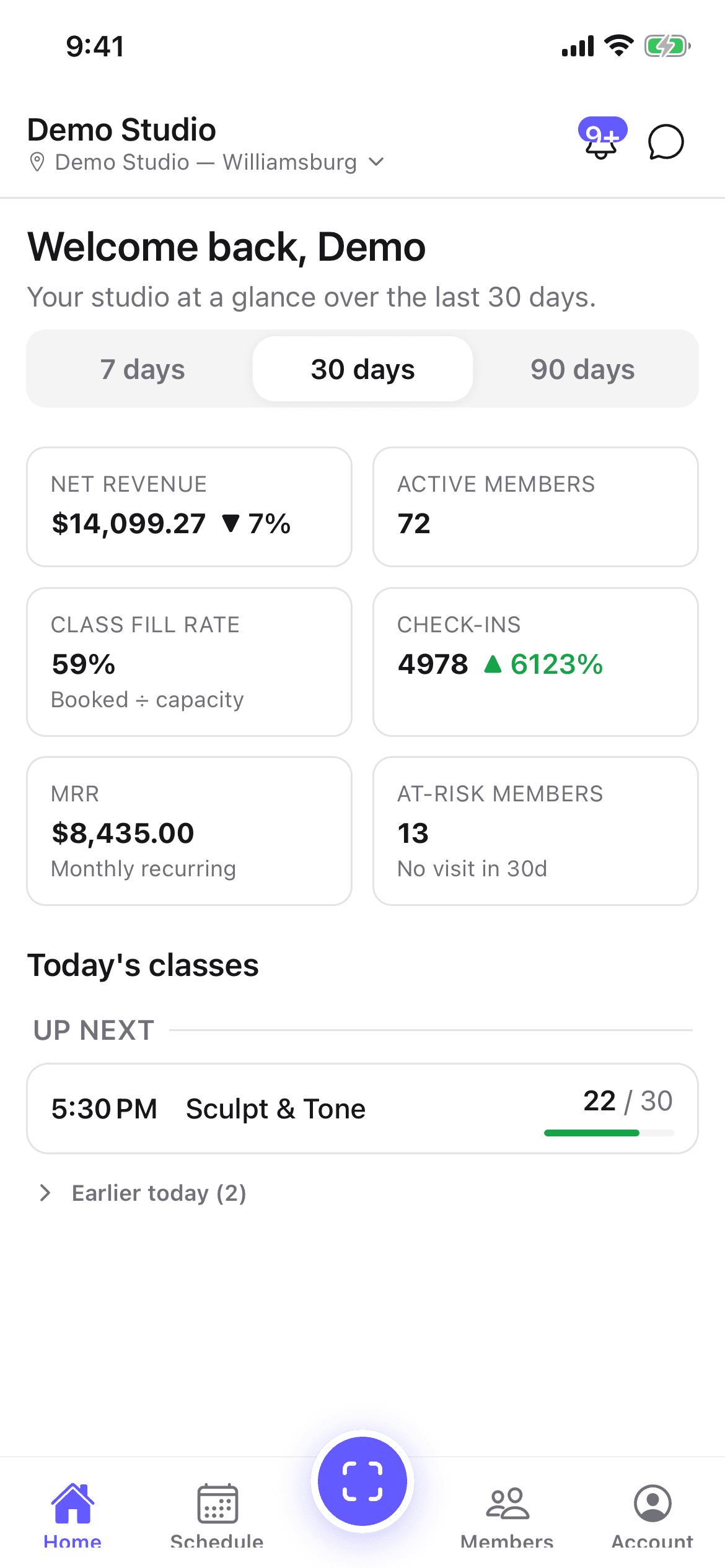 ClassLift owner mobile app showing studio revenue, active members, check-ins, and today's classes