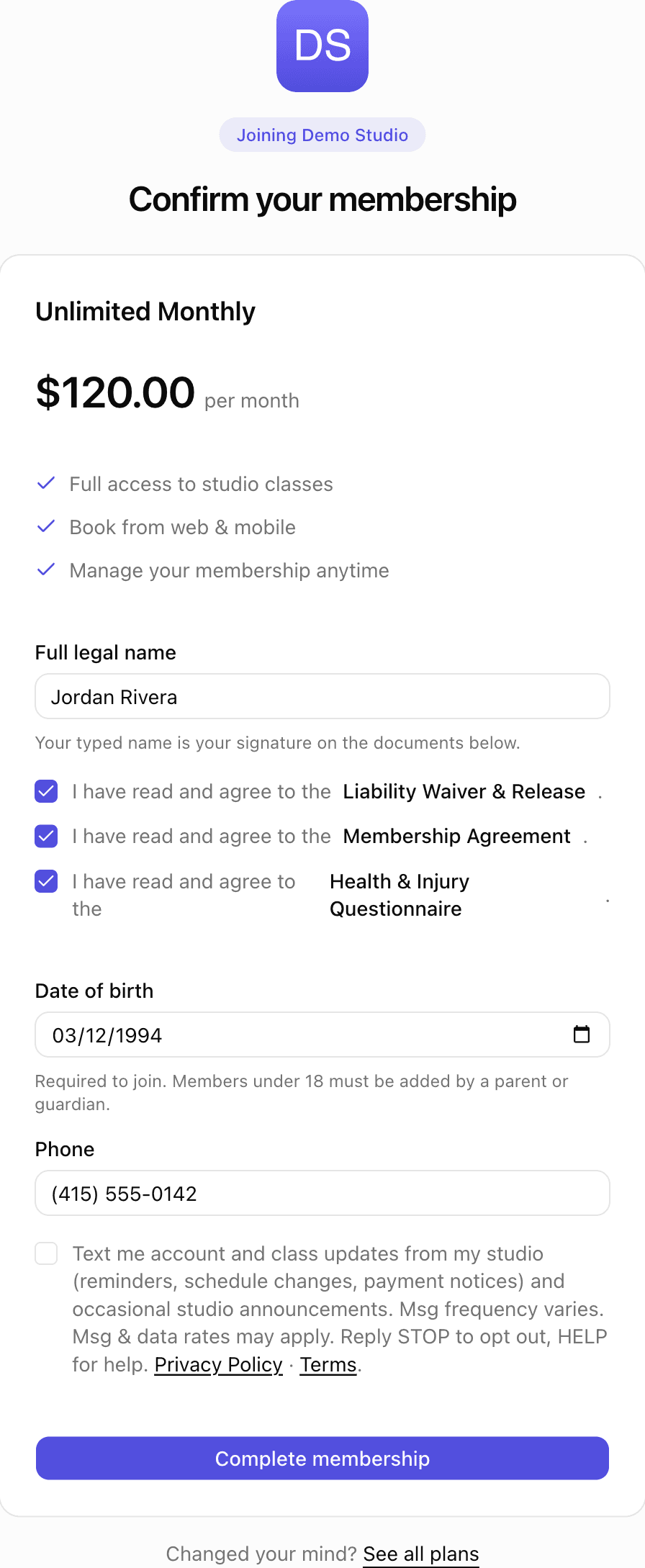 The complete ClassLift member registration form for Demo Studio: the studio name and selected plan, a phone number field filled in with (415) 555-0142, and directly beneath it the unchecked SMS consent checkbox carrying the full disclosure text, STOP and HELP instructions, and links to the Privacy Policy and Terms