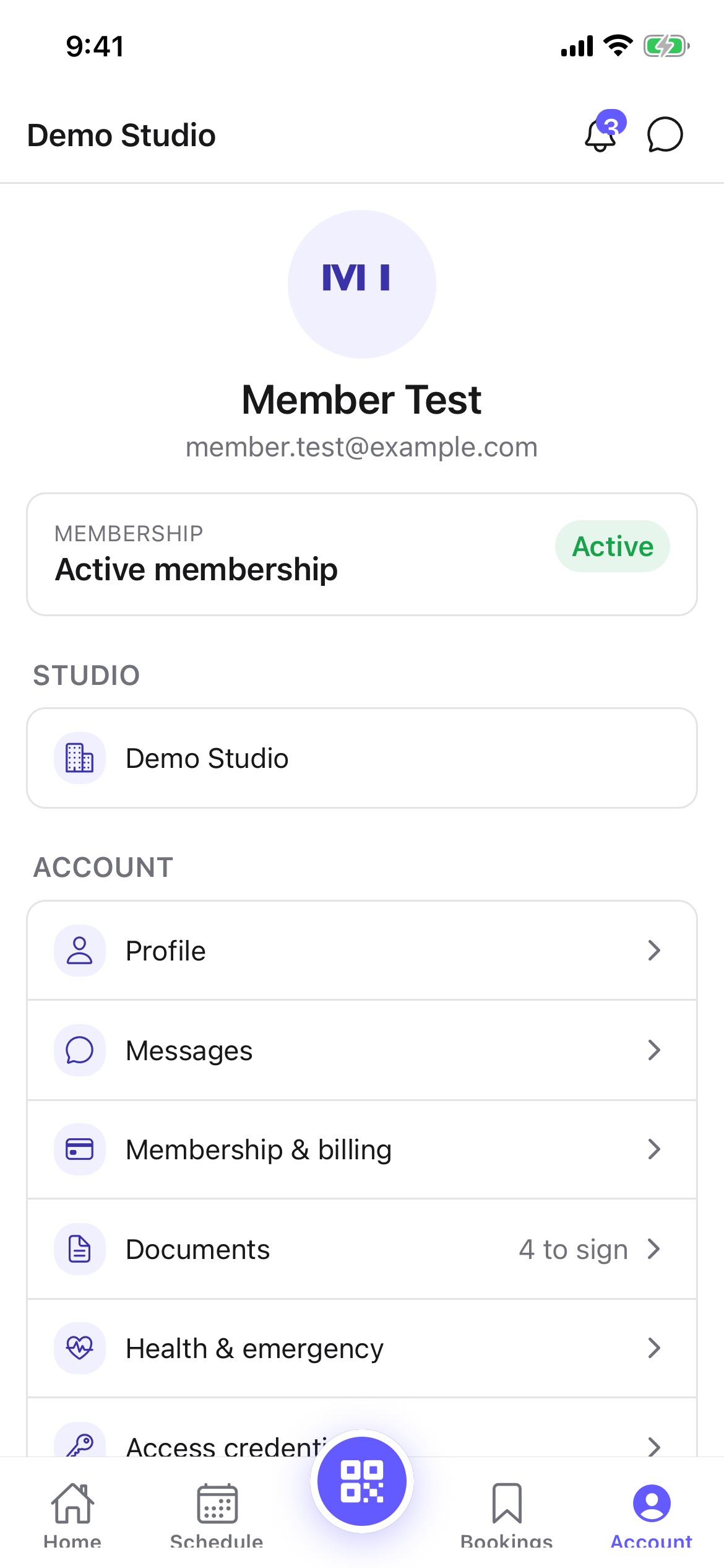 The member Account screen listing profile, messages, billing, documents, health, and more