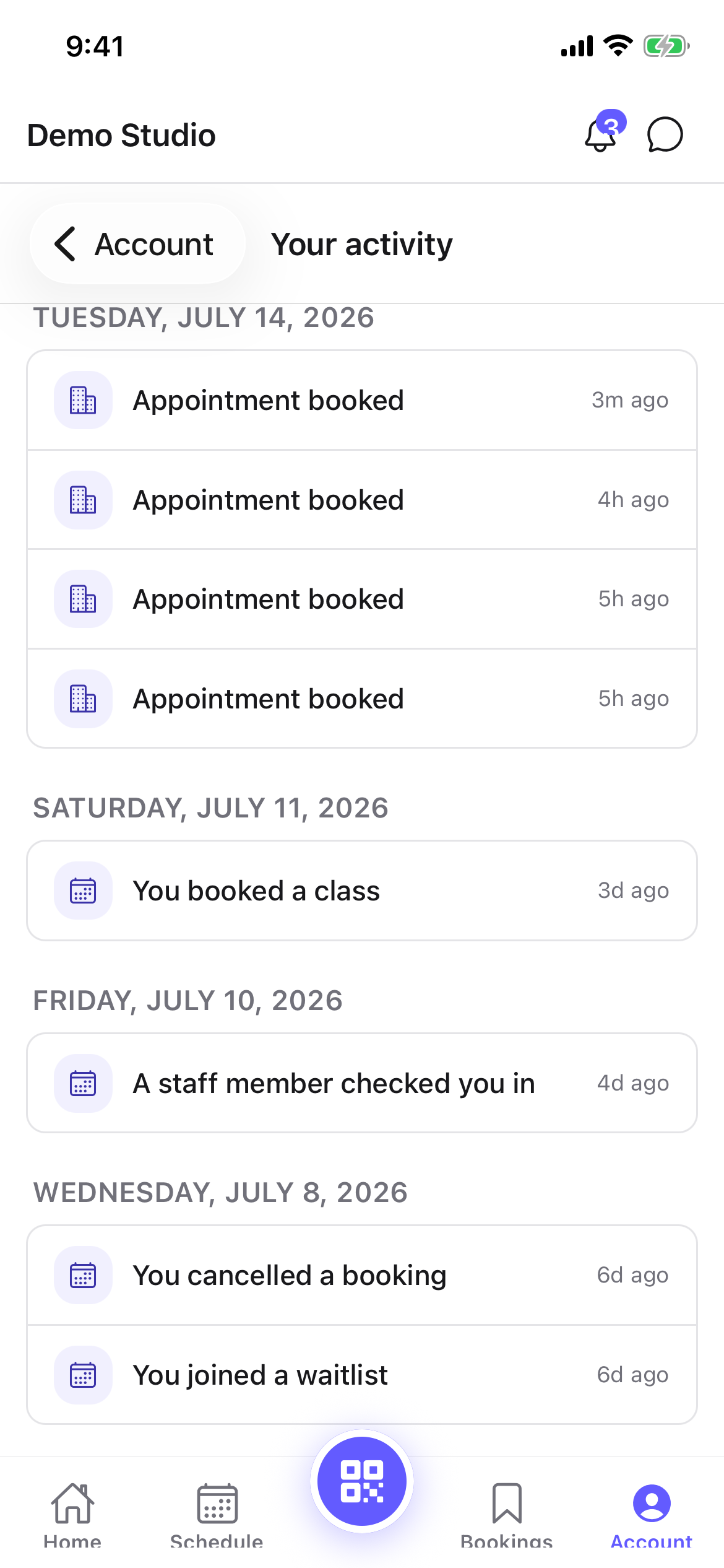 The member activity history grouped by day