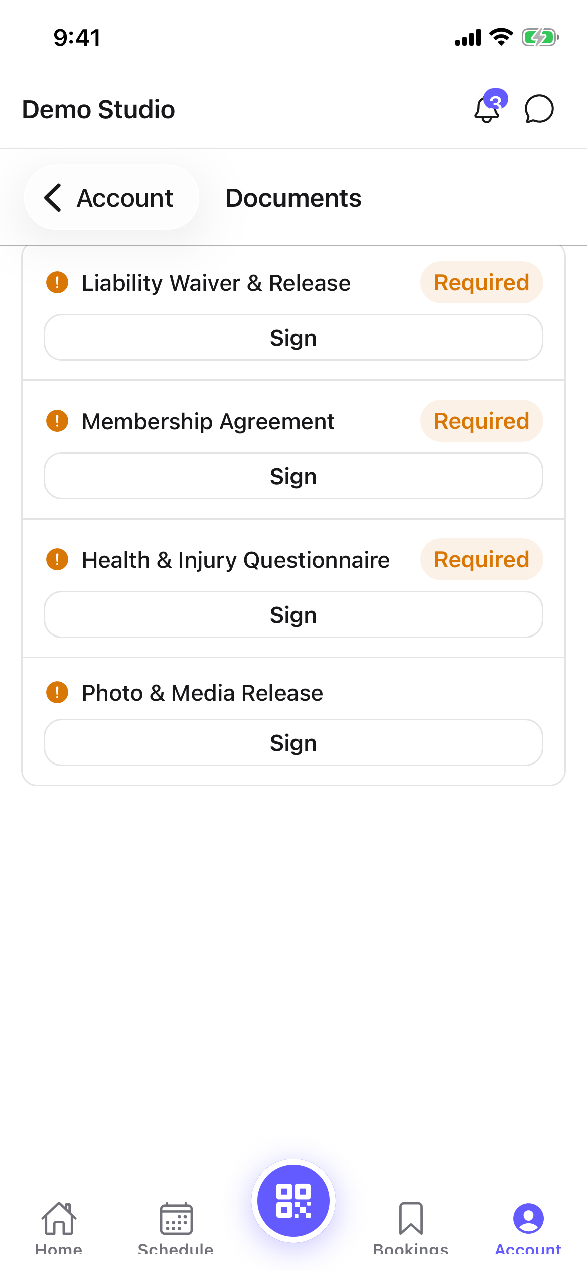 The member Documents screen listing waivers, each with a Required badge and a Sign button