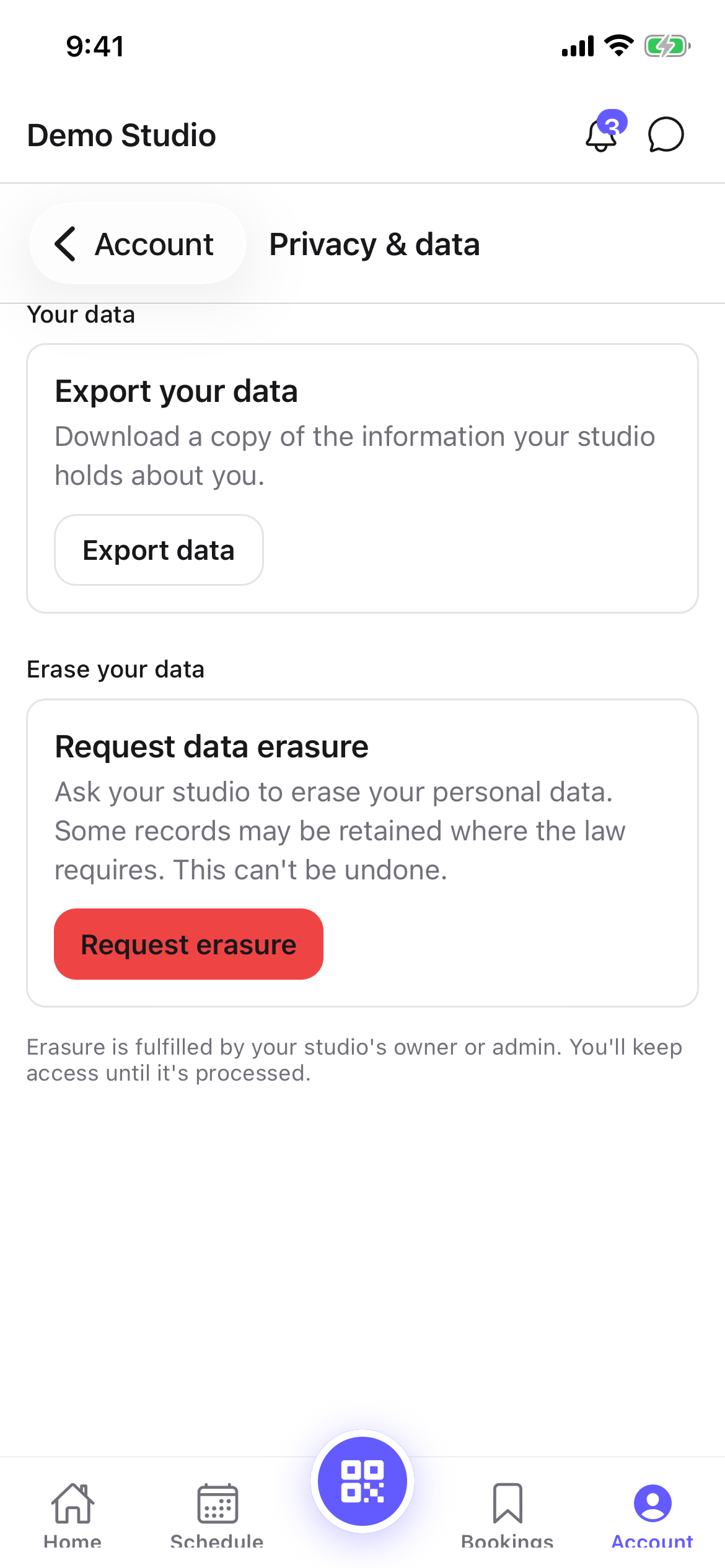 The member Privacy & data screen with export and erasure options