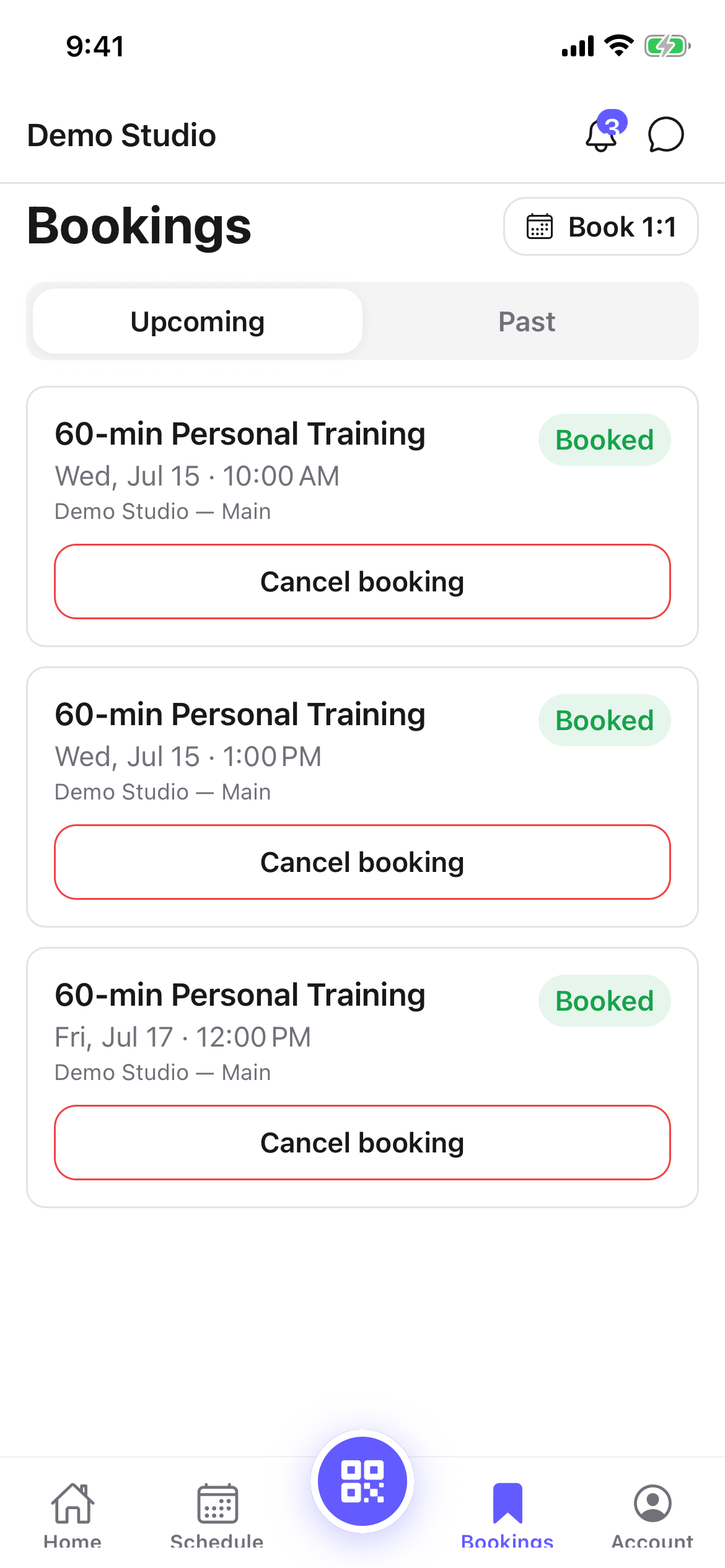 The Bookings tab with the Book 1:1 button