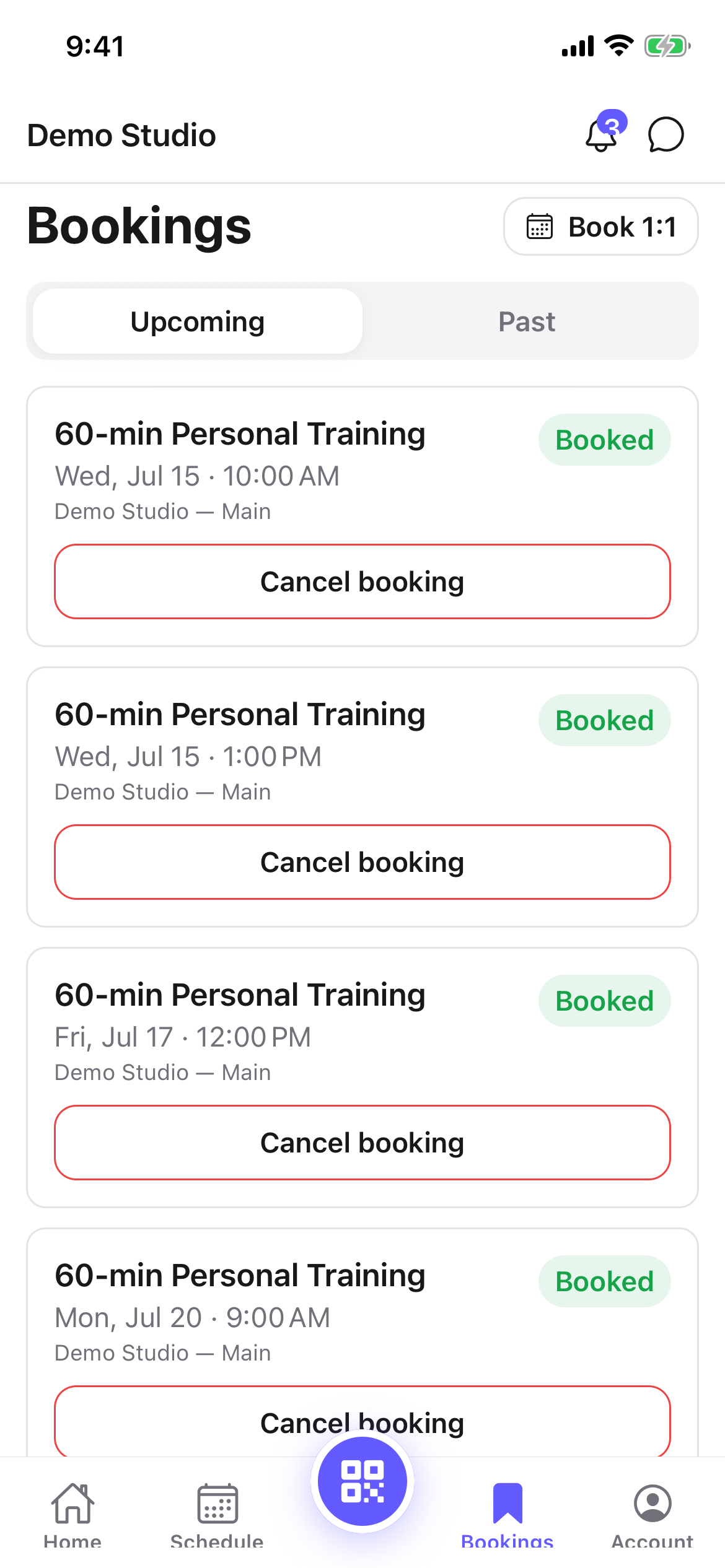 The booked session under Bookings