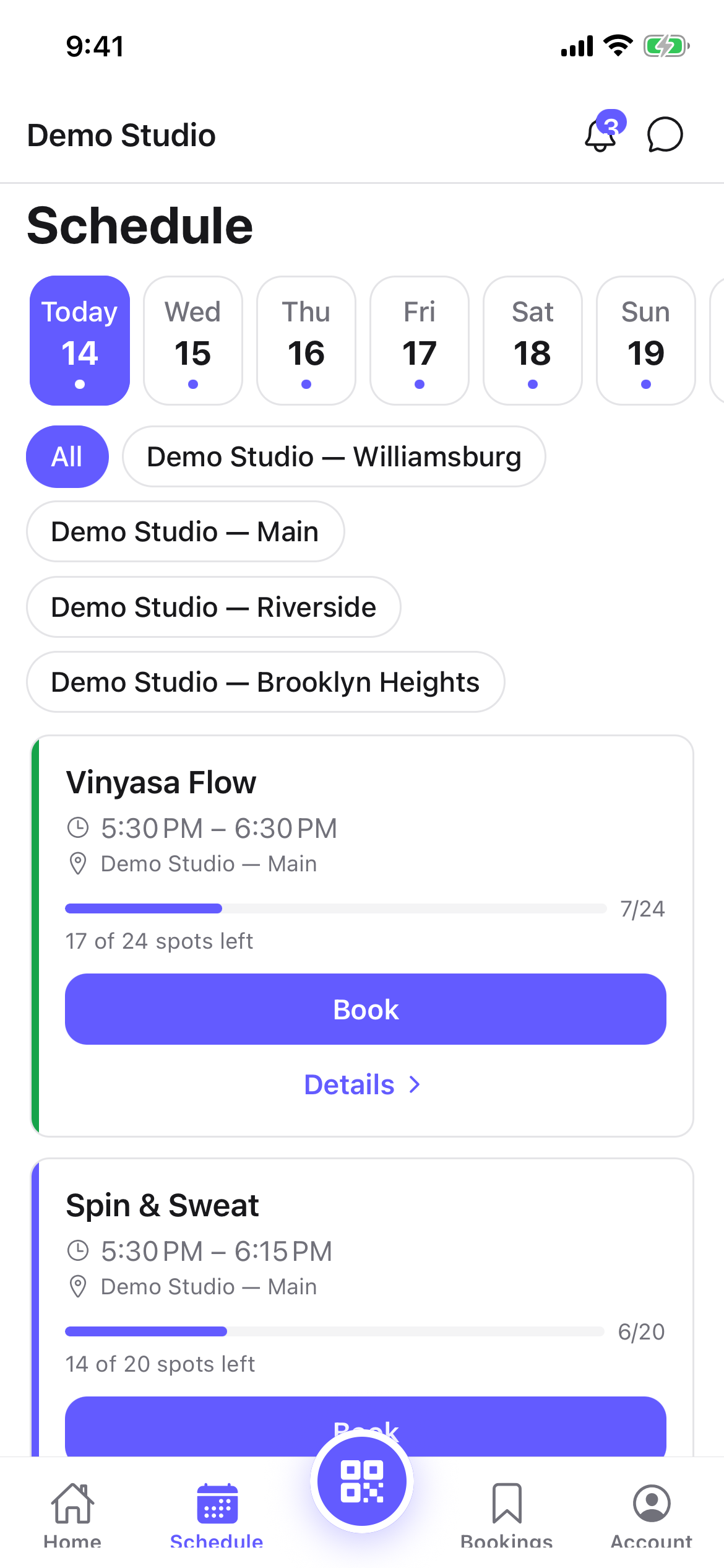 The member Schedule listing upcoming classes by day, each with a Book button and spots left