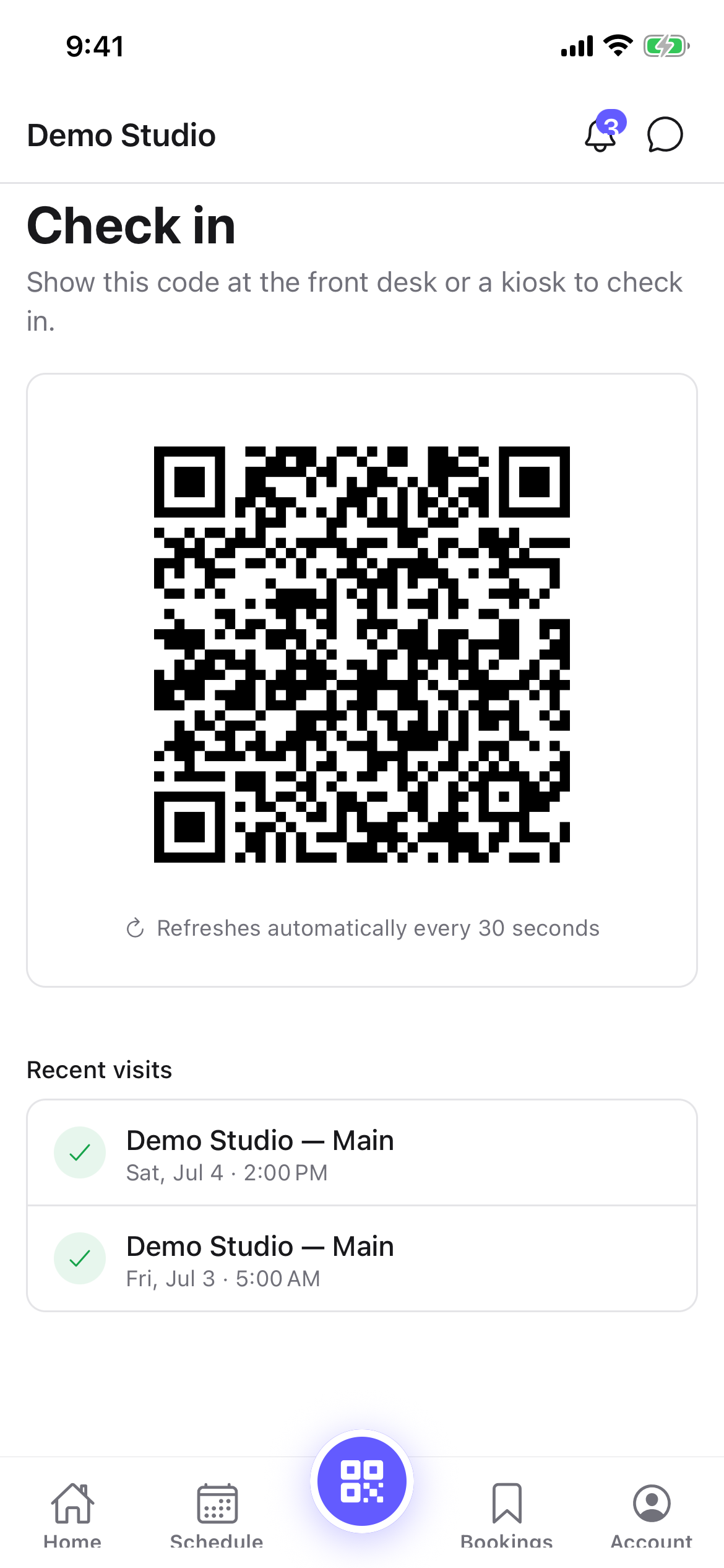 Your check-in code on the member Check in screen, showing the rotating QR code