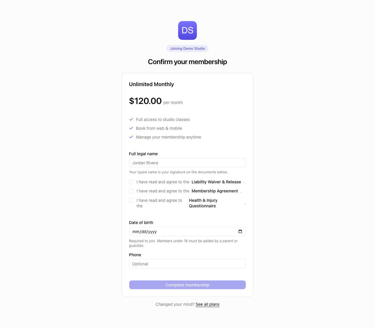 The join confirmation screen: plan summary, Full legal name and document agreement checkboxes, Date of birth, and an optional Phone field