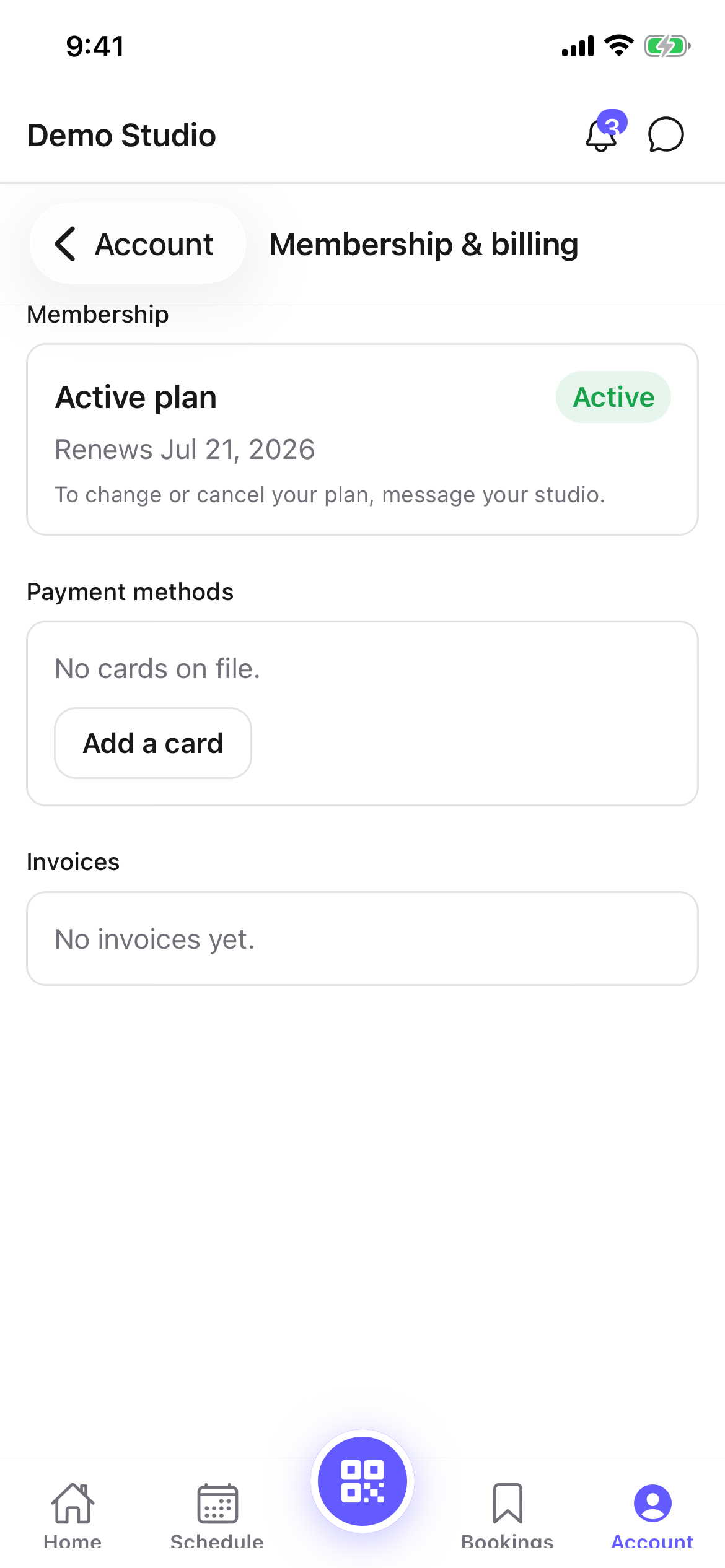The member Membership & billing screen with Membership, Payment methods, and Invoices sections