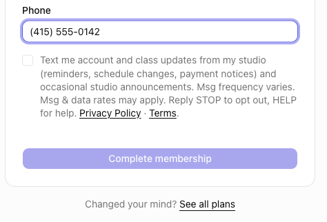The join screen showing the optional text-message consent checkbox below the phone field