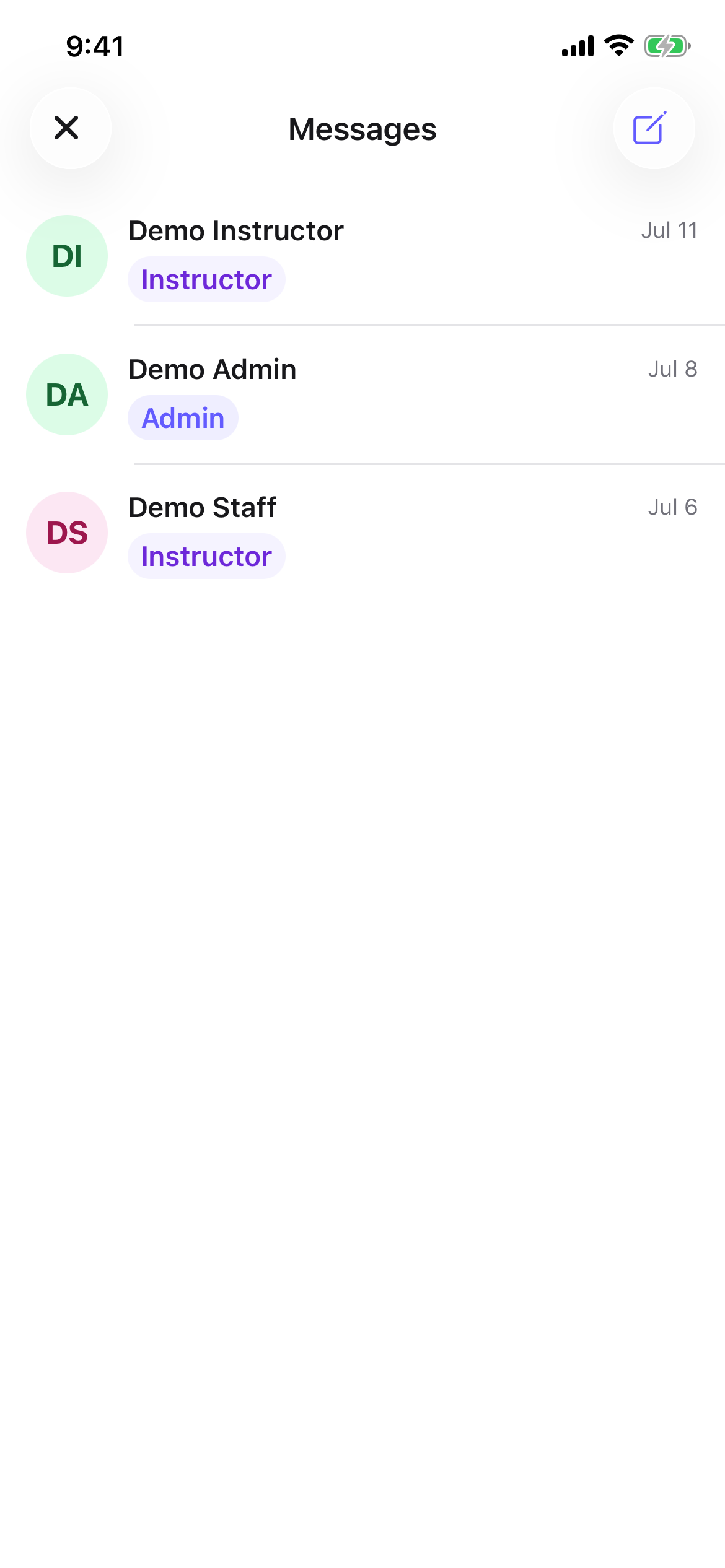 The member Messages screen with a conversation list