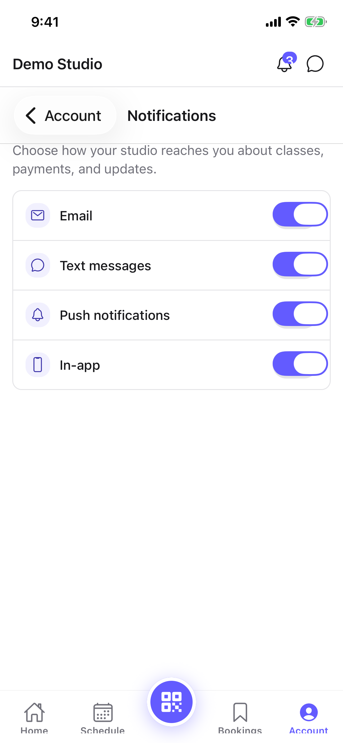 The notification preferences with Email, Text messages, Push, and In-app toggles