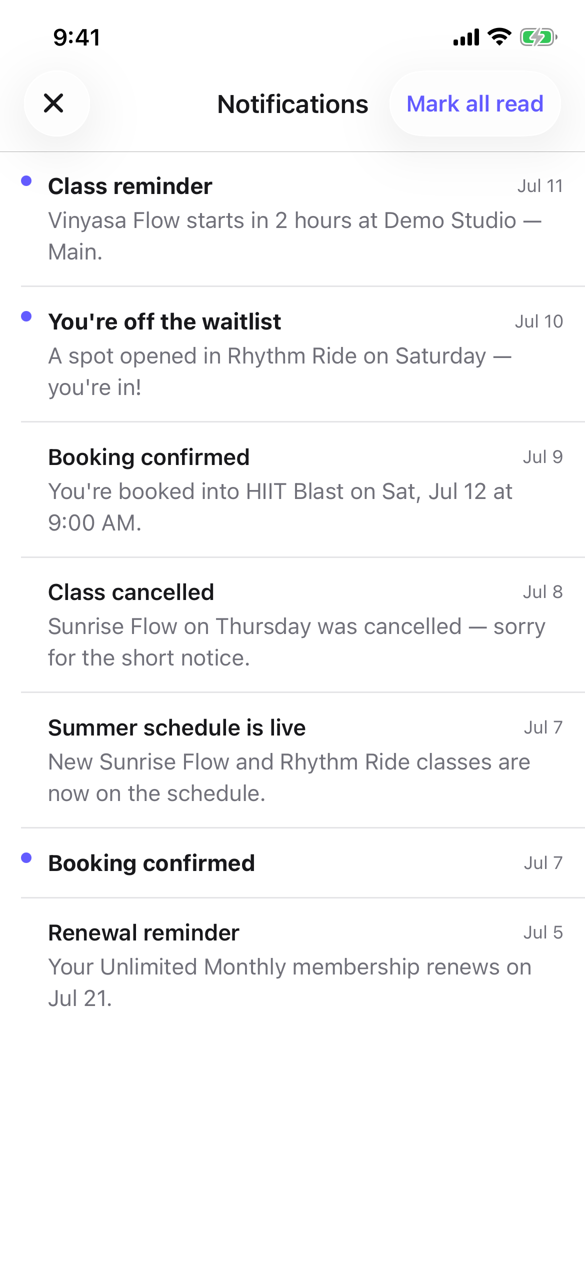 The member Notifications screen, with a Mark all read action and unread items marked by a dot