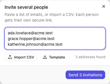 The bulk invite dialog: a box to paste emails, an Import CSV button, a Download template link, and a count of addresses found