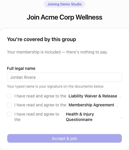 The join page an invited person sees: the group name, a note that their membership is included, and the documents to sign