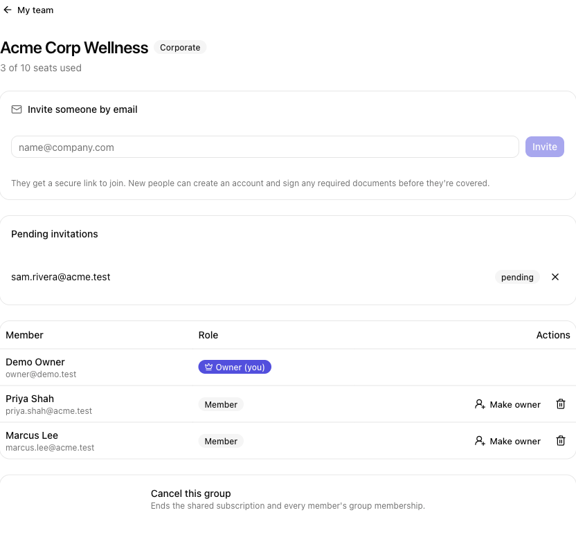 The group management screen: seat usage, an invite box, pending invitations, the member list, and a cancel option