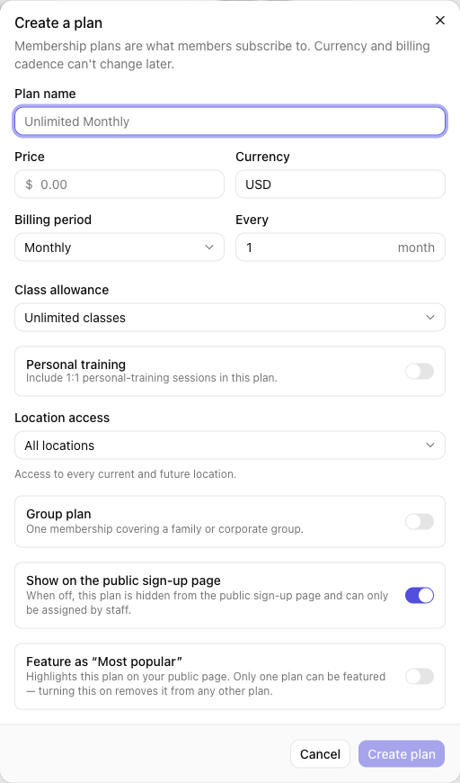 The Create plan dialog with price, billing period, and class allowance