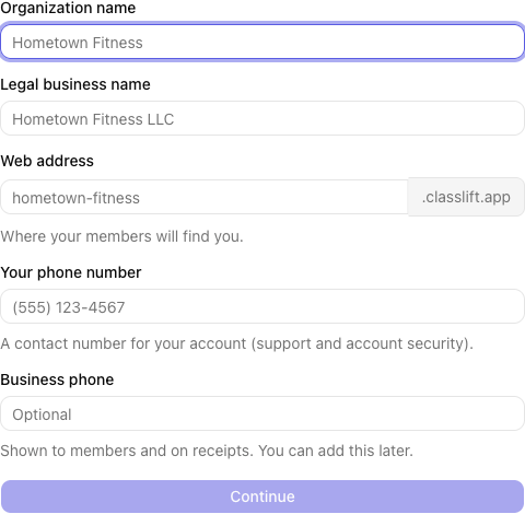 The Create your organization step with Your phone number and Business phone fields