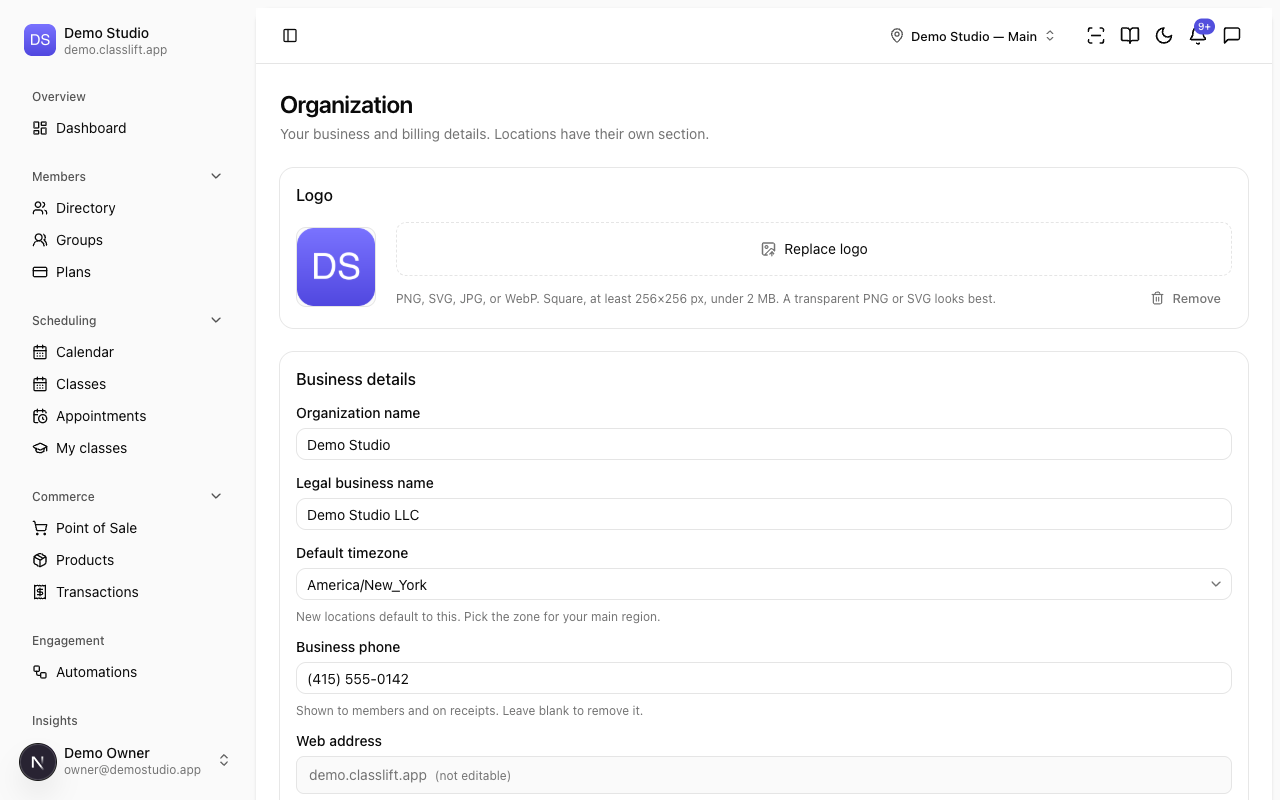 Settings → Organization, with the logo and studio-wide default fields