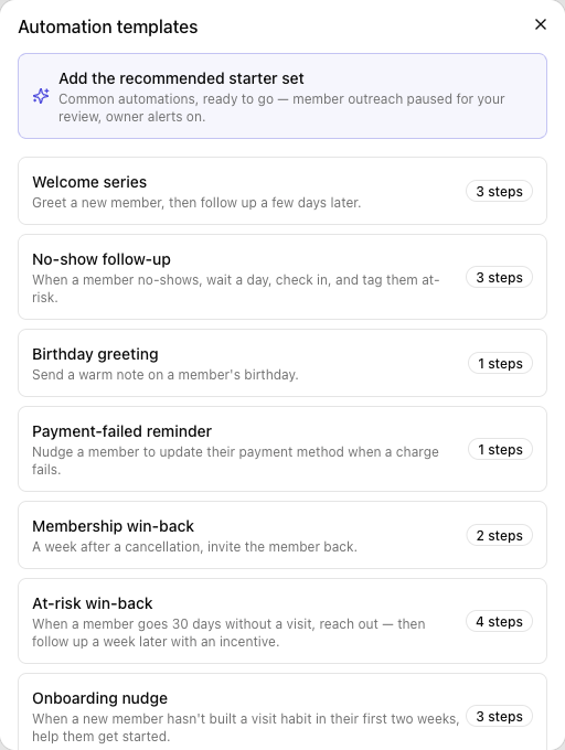 The Automation templates gallery with the recommended starter set and template list