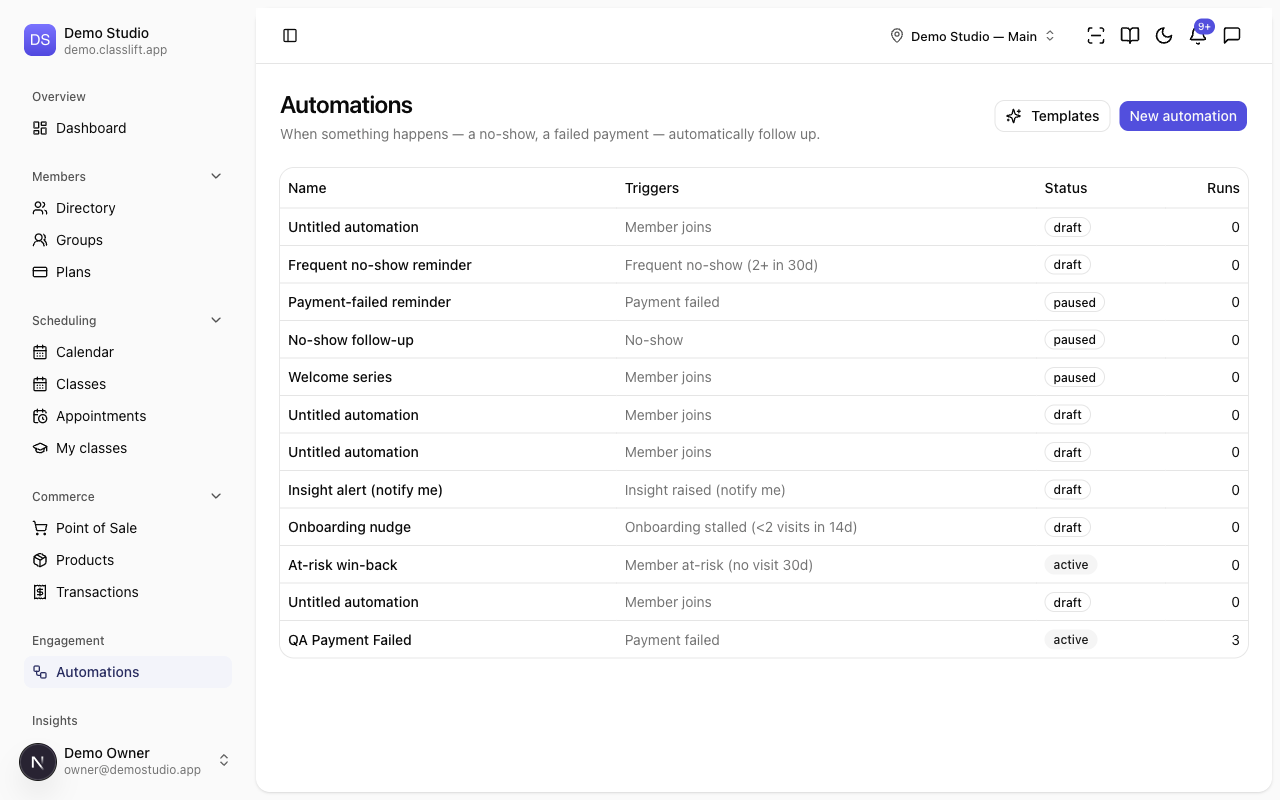 The Automations list showing each automation's triggers, status, and run count