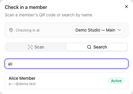 The Check in a member dialog on the Search tab, showing matching members with status badges