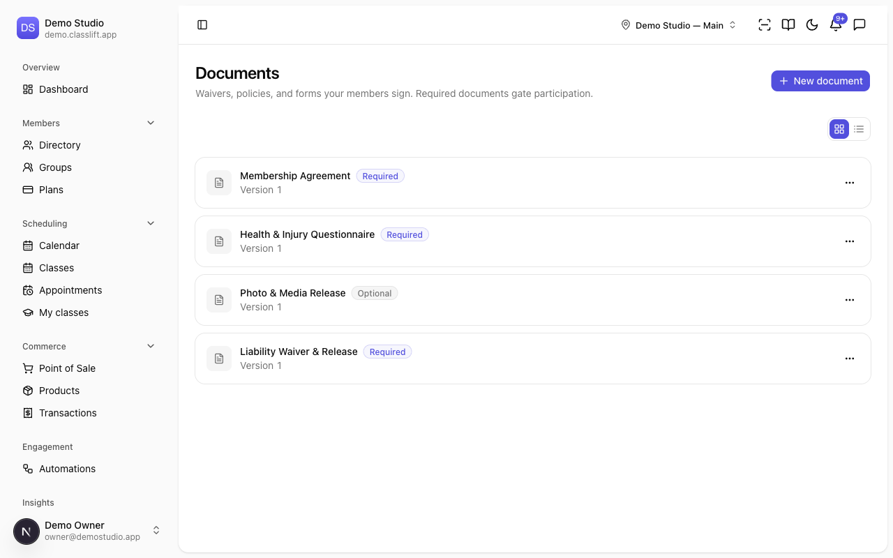The Documents page listing waivers with their version and Required badge