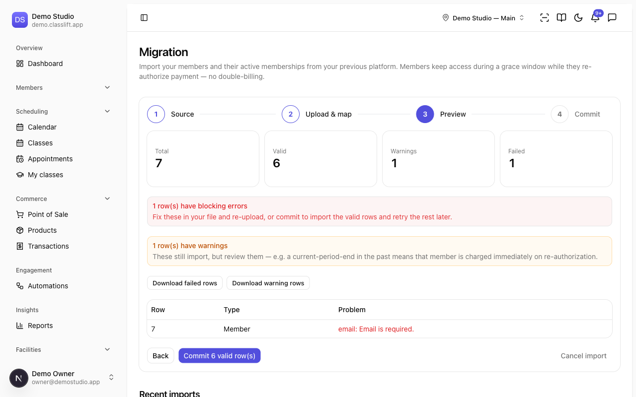 The Preview dry-run: Total, Valid, Warnings, and Failed count tiles above a blocking-error alert, a warning alert, Download failed/warning rows buttons, and a table listing the one failed row with its reason