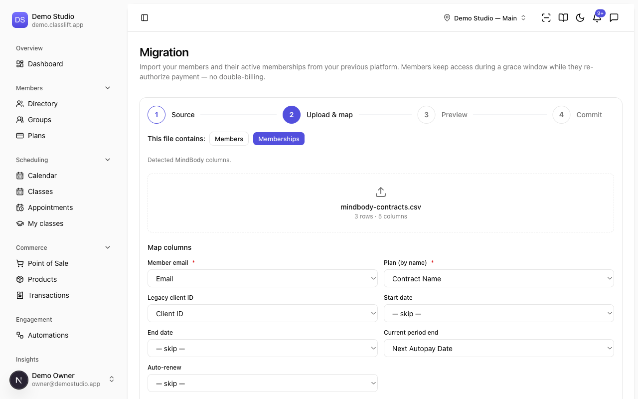 The Upload & map step: ClassLift has detected a MindBody export and auto-proposed a column mapping, with Current period end mapped to the file's Next Autopay Date column