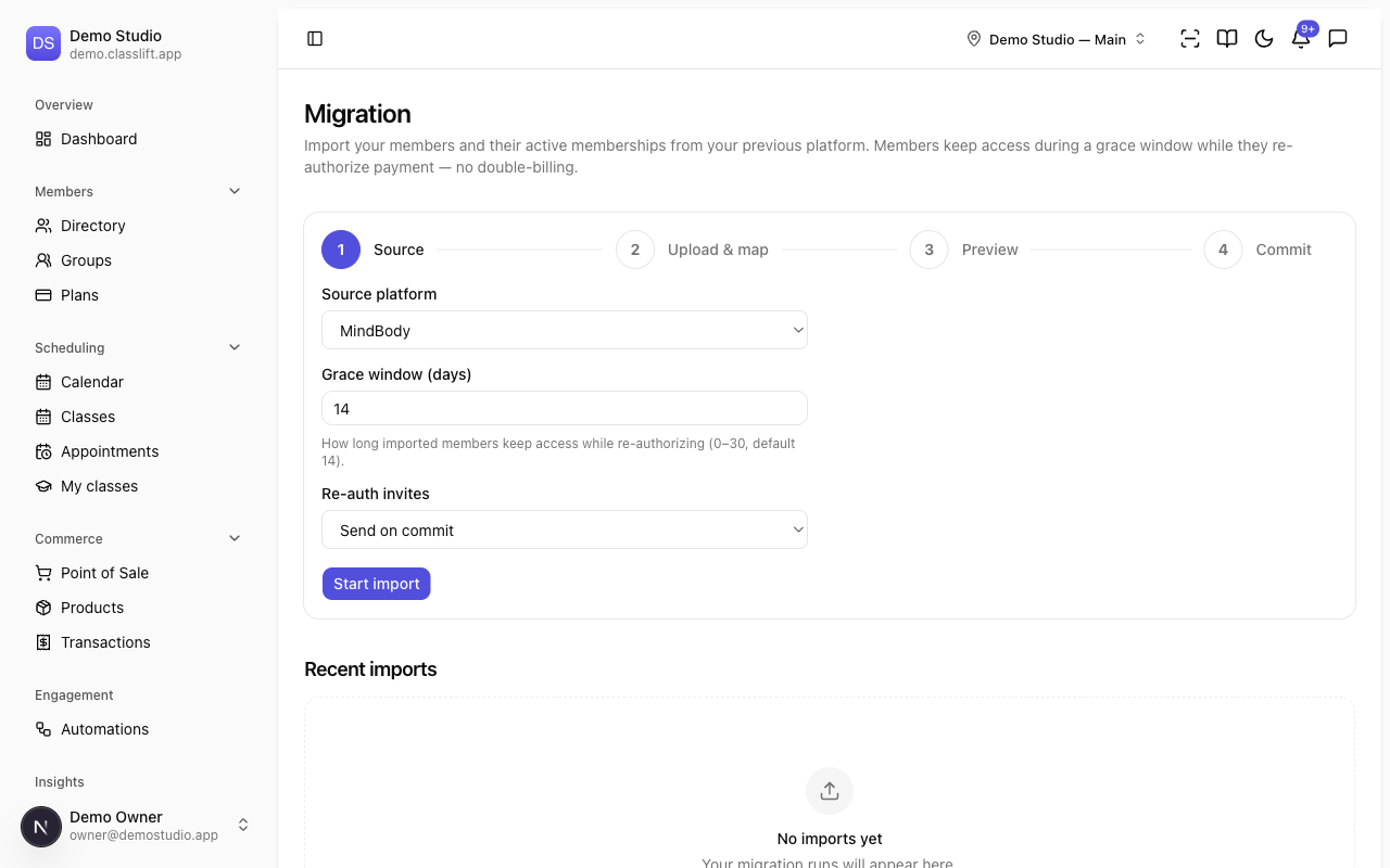 The Migration wizard on the Source step, with platform, grace window, and re-auth invite options