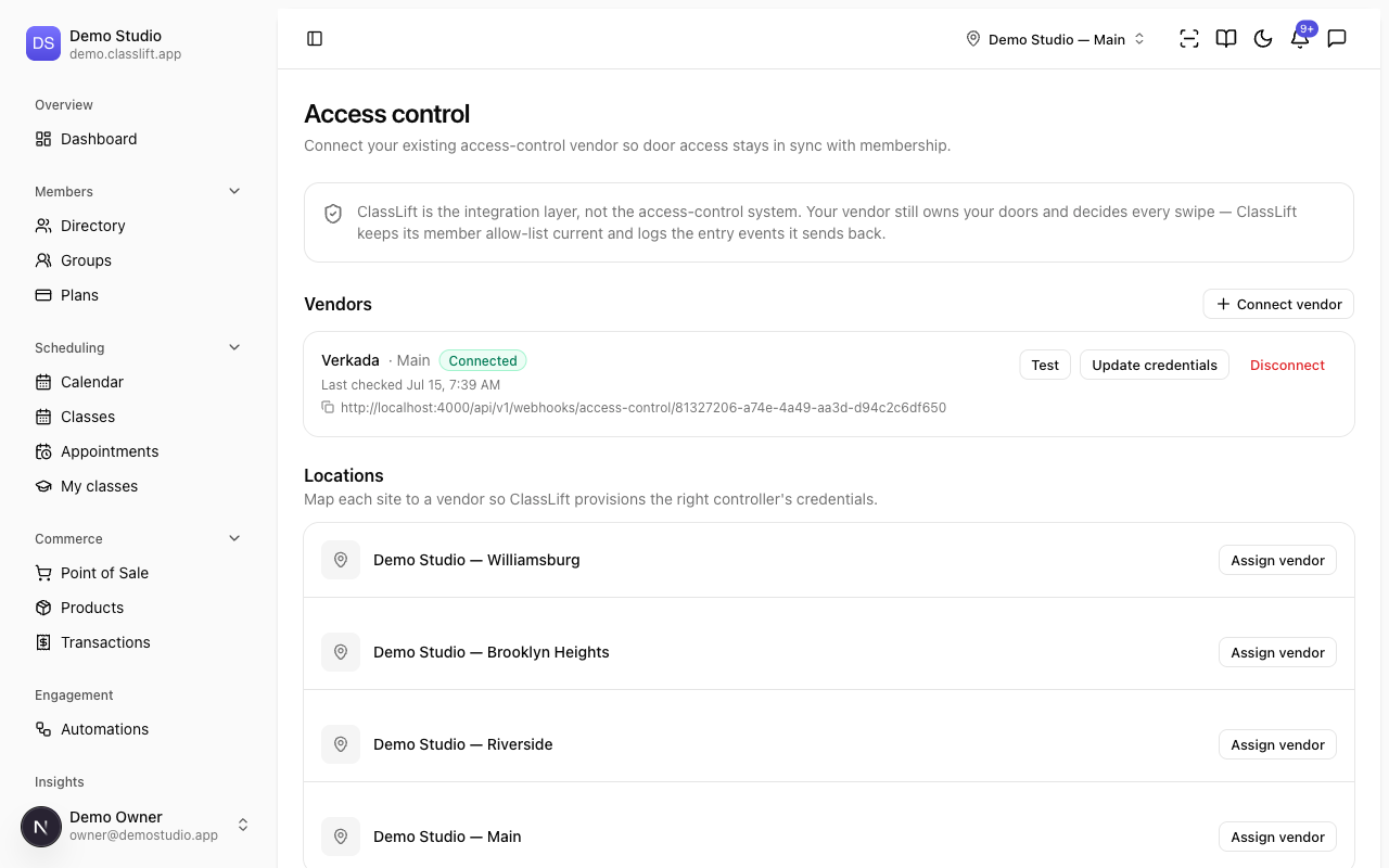The Access control page showing a connected vendor under Vendors and the Locations to map it to