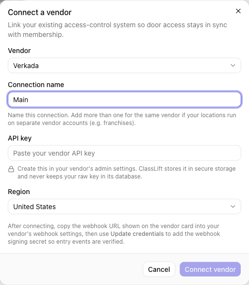 Connect a vendor dialog with Vendor, Connection name, API key, and Region fields