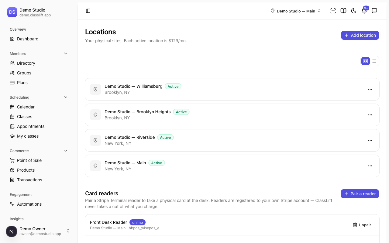 The Locations page listing sites, with the Card readers section below