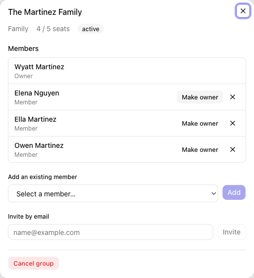 A group's detail view showing its members, seats, and the add-member and invite controls
