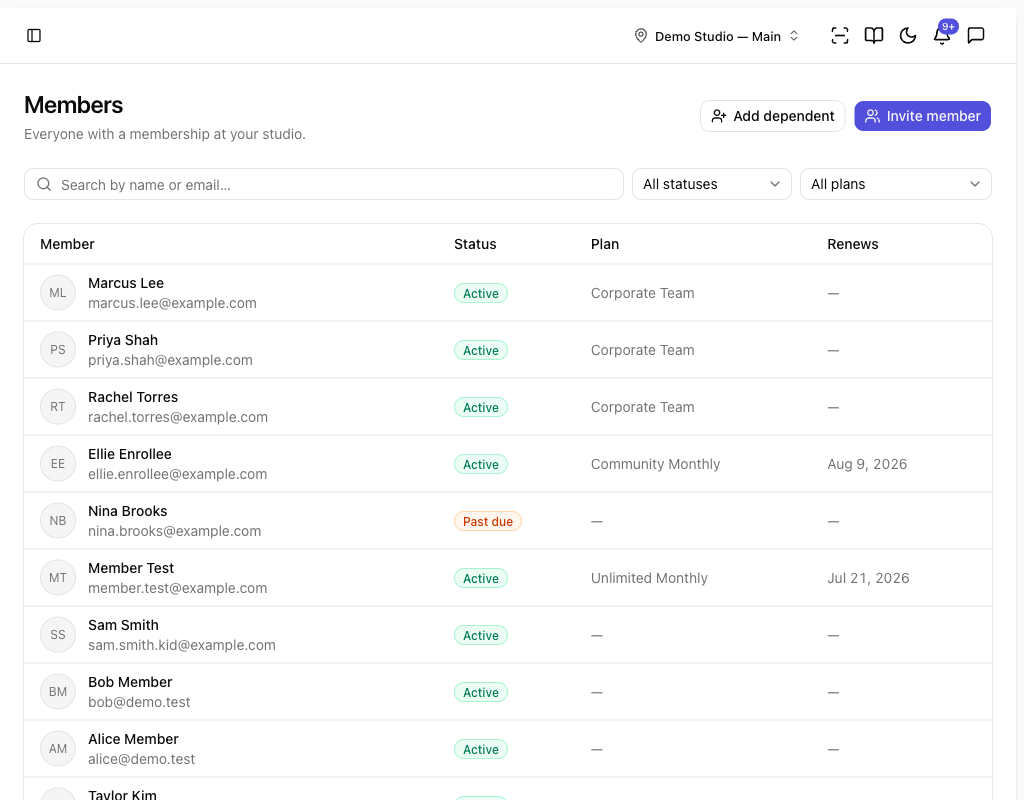 The member directory with search, status and plan filters, and a table of members