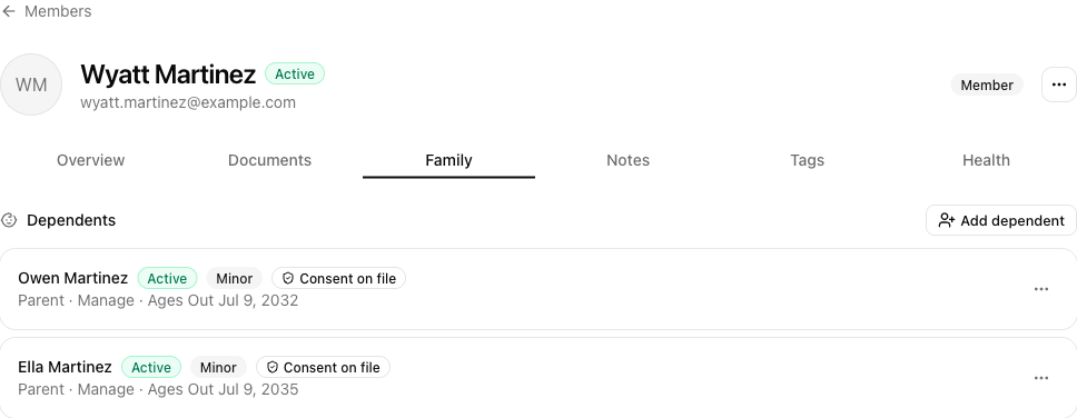 A guardian's Family tab listing their dependents with Minor and Consent-on-file badges
