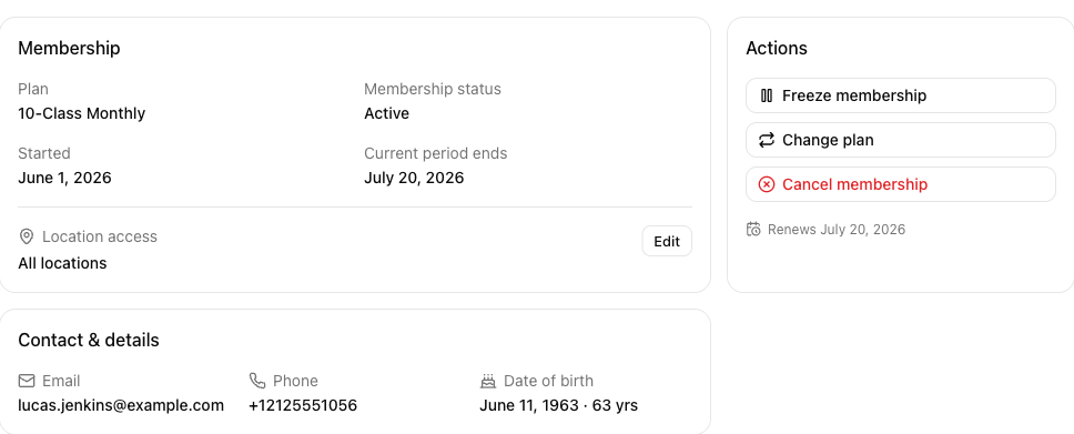 A member profile Overview tab, with the Membership card and Actions card