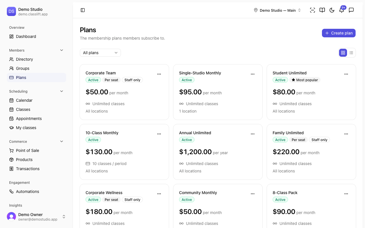The Plans page listing membership plans with their price, cadence, and entitlements