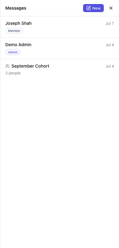 The back-office Messages chat dock listing conversations with role badges