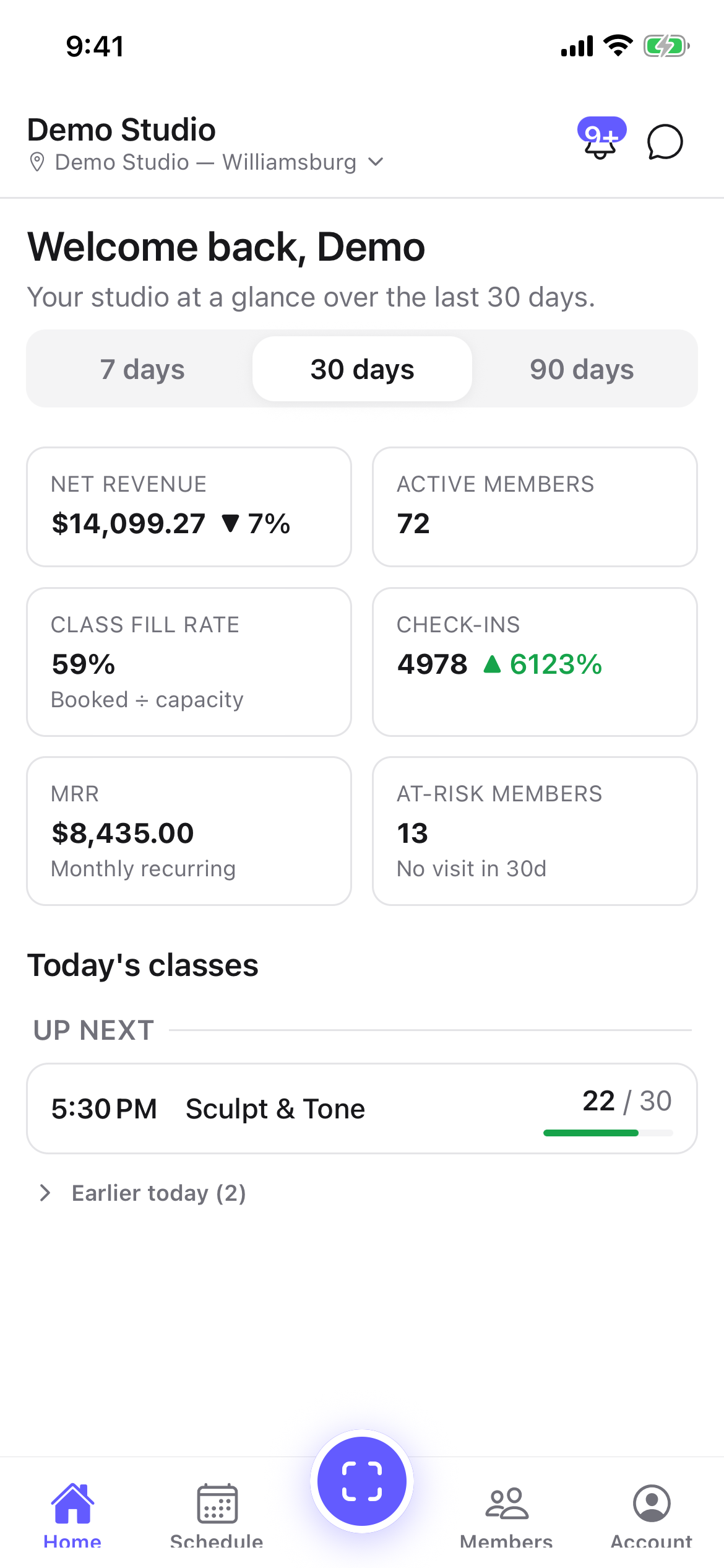 The owner dashboard on the ClassLift app, showing studio KPIs and today's classes