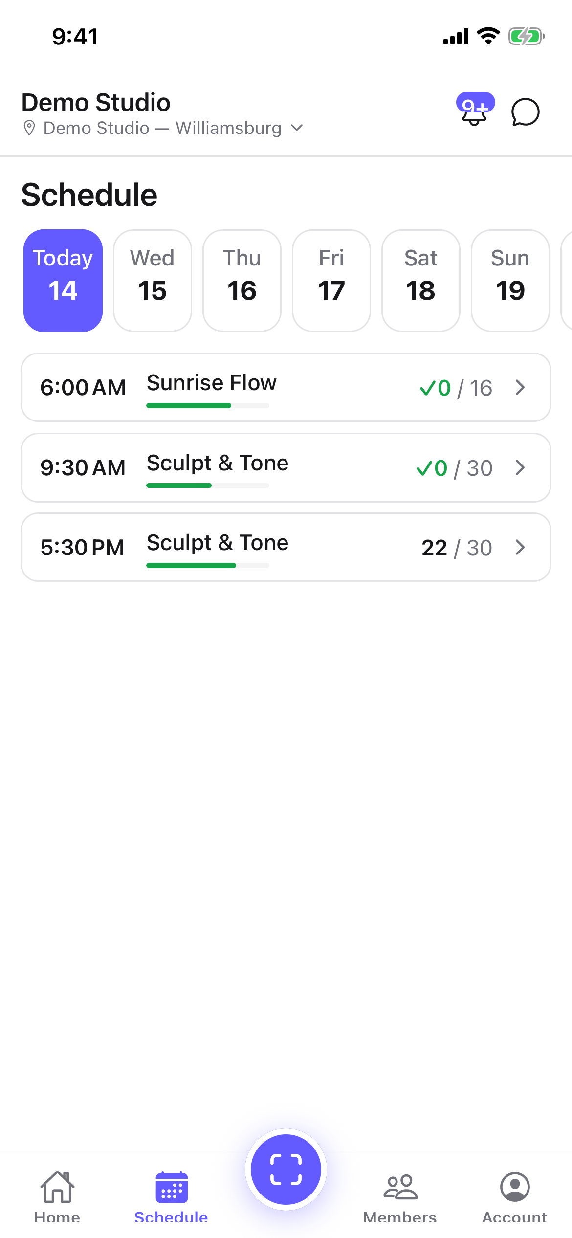 The Schedule tab with a day strip and the day's classes