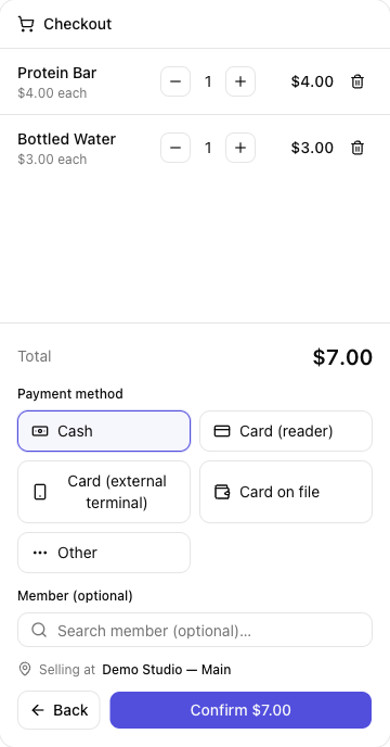 The checkout pane showing payment-method tiles: Cash, Card (reader), Card (external terminal), Card on file, and Other