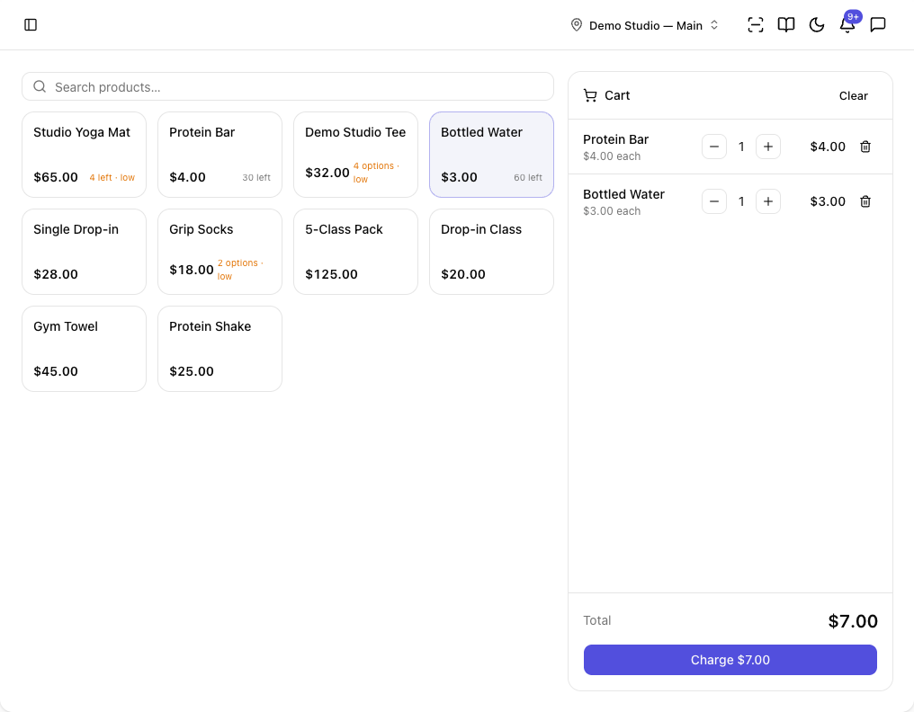 The Point of Sale with a product grid on the left and a cart with two items on the right