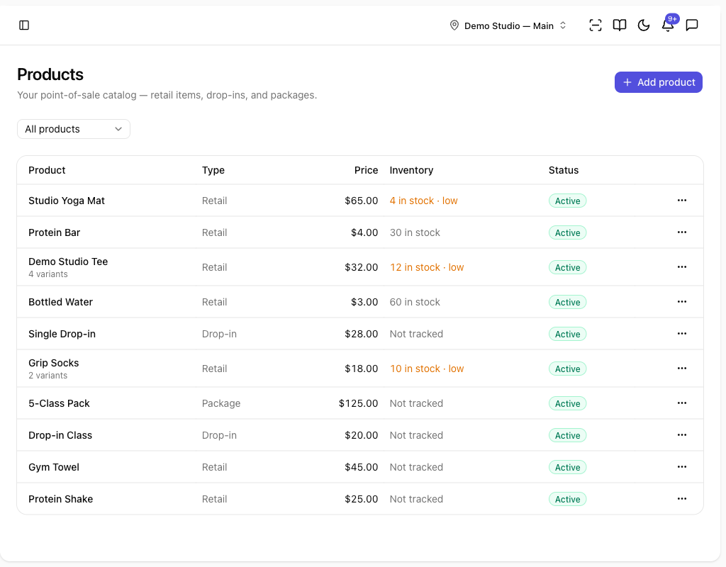 The Products catalog listing items with their type, price, inventory, and status