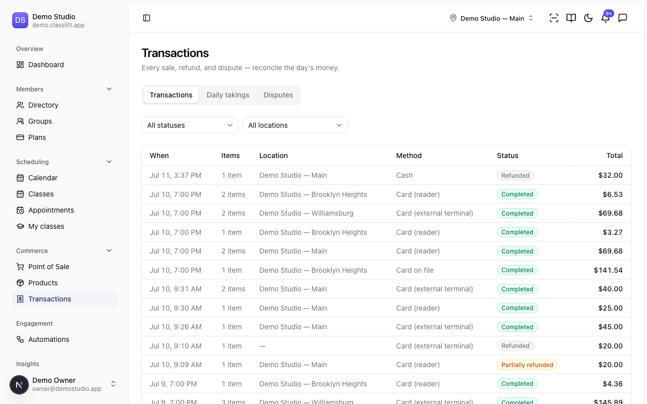 The Transactions ledger listing sales with their method, status, and total across locations