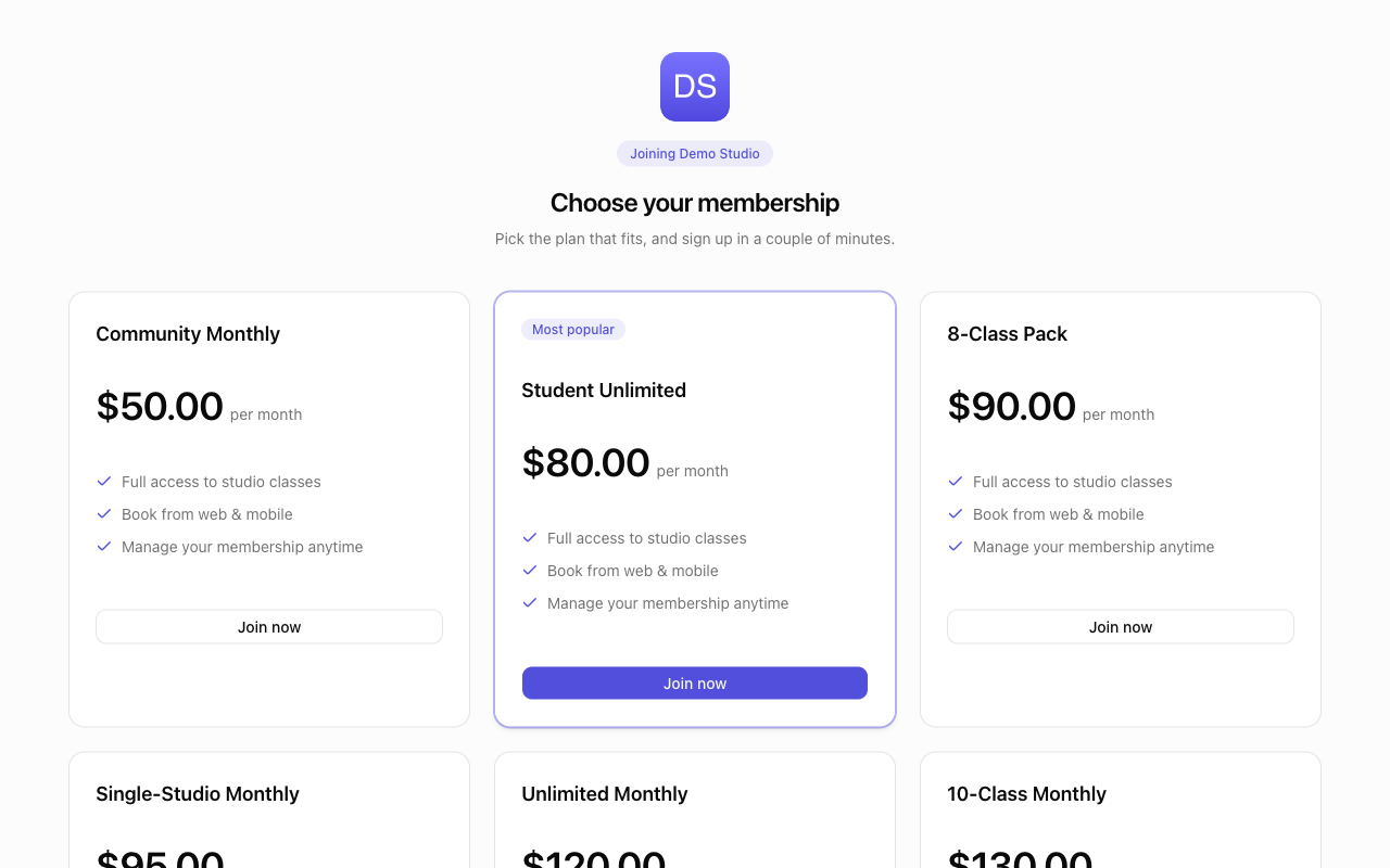 The Choose your membership page listing plans, with one badged Most popular