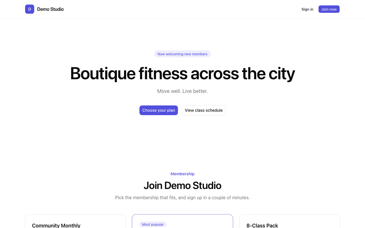A studio's public page with its branding, welcome hero, and Join now buttons
