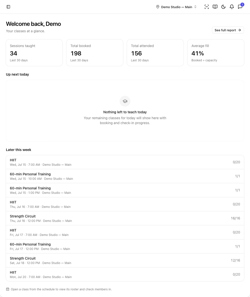 The instructor dashboard with teaching stats and upcoming classes