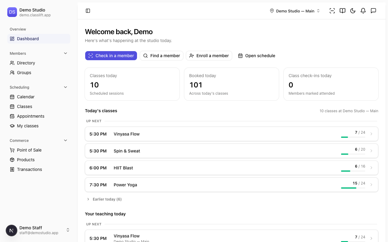 The front-desk staff dashboard with quick actions and today's classes