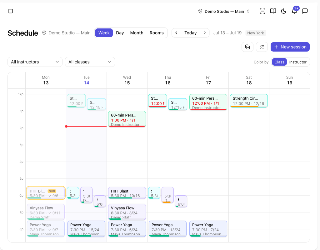 The schedule calendar in Week view, showing class sessions across the week